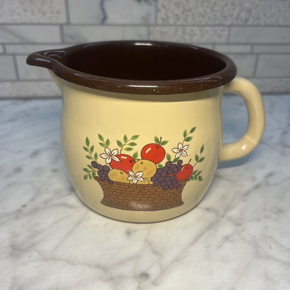 Vintage FTD Enameled Cookware Metal Farmhouse Fruit Basket Design Gravy Pitcher